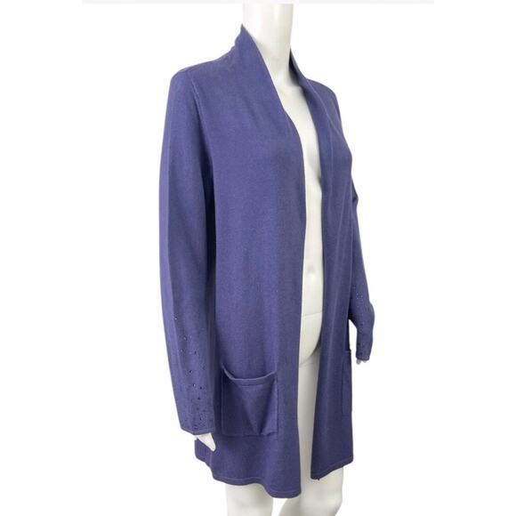 Chicos Longline Cardigan Size 3 (XL) Purple Knit Beaded Sleeves Duster Pockets - Picture 1 of 11